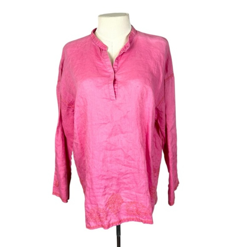 Garnet Hill linen tunic top hot pink with orange stitching size 10 large